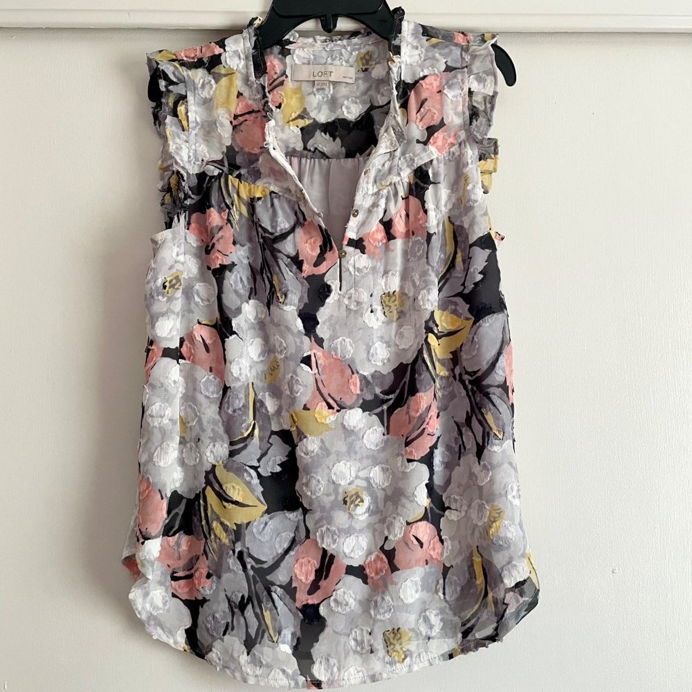 Loft Floral Textured Ruffle Sleeveless Shell Lined Blouse SP